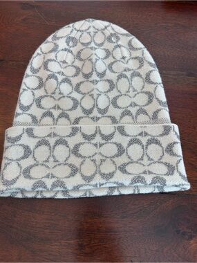 Coach Signature Slouchy Beanie Hat Metallic Silver C Logo Knit One Size